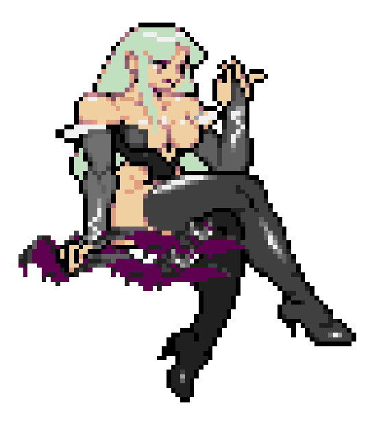 Pixelated animation of Morrigan Aensland from the game Darkstalkers being carried by black bats.